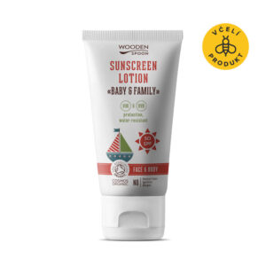 Wooden Spoon Opalovací tělové mléko v tubě Baby & Family SPF 50 BIO - 150 ml - voděodolné, nedělá bílé fleky