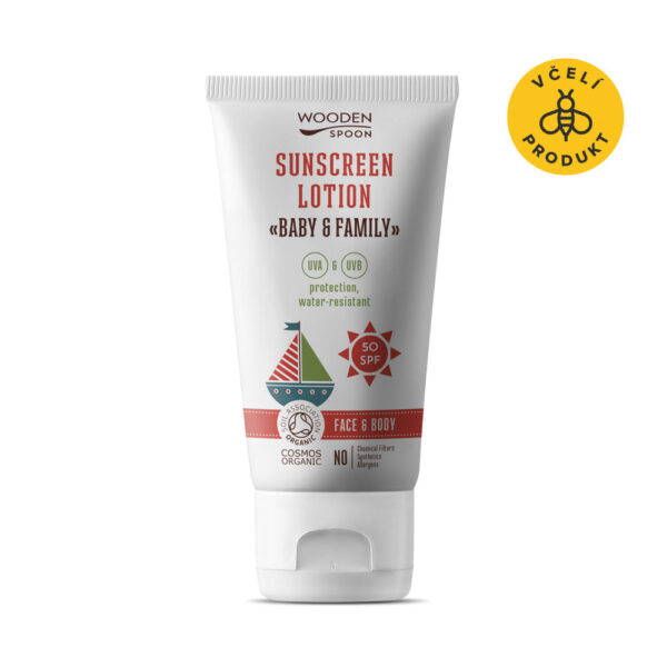 Wooden Spoon Opalovací tělové mléko v tubě Baby & Family SPF 50 BIO - 150 ml - voděodolné, nedělá bílé fleky