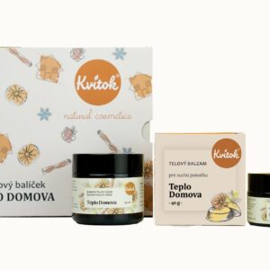 Kvitok Dárkový kosmetický balíček Teplo domova - tělový krém, tuhý balzám a sójová svíčka