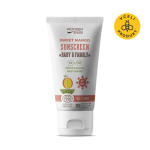 Wooden Spoon Opalovací tělové mléko Mango Baby & Family SPF 50 BIO - 150 ml - voděodolné, nedělá bílé fleky