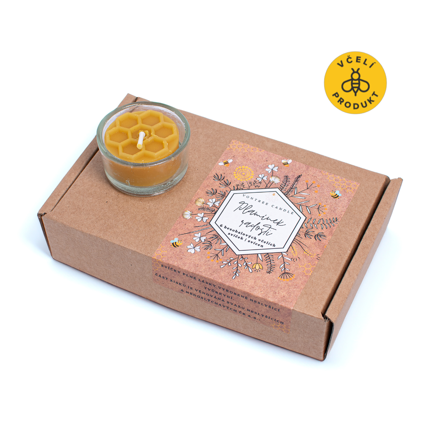 VonTree Candle Sada čajových svíček ze včelího vosku - bezobalová (6 ks) - se skleněným kalíškem