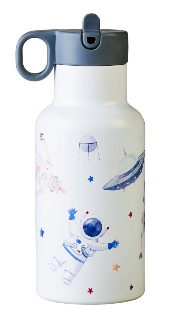 Bioloco Dětská nerezová termolahev s brčkem (350 ml) - Roboti a astronauti - udrží nápoj teplý 10 h / studený 24 h