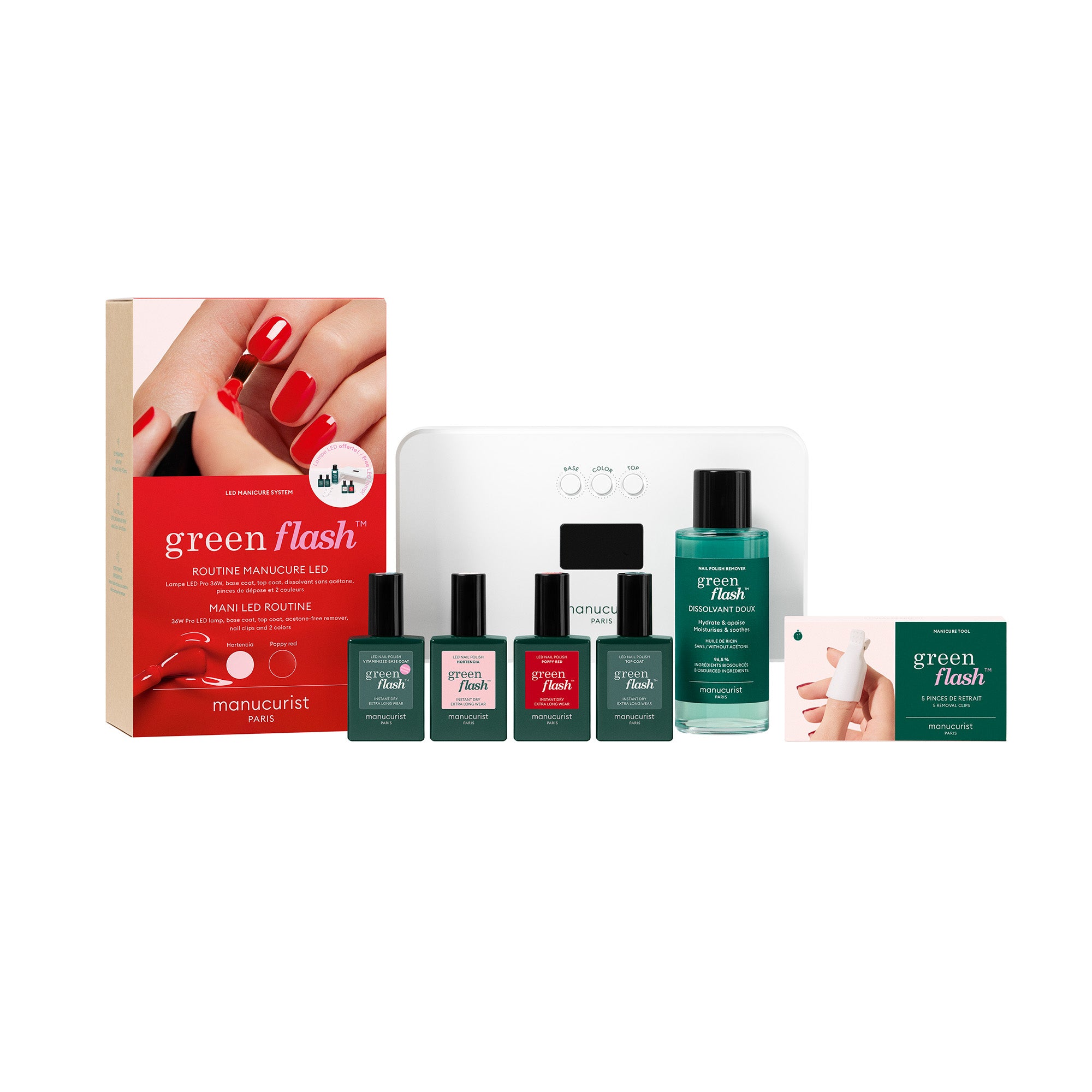 Manucurist Dárková sada Green Flash LED Kit 36W - Poppy Red a Hortencia - domácí nehtové studio