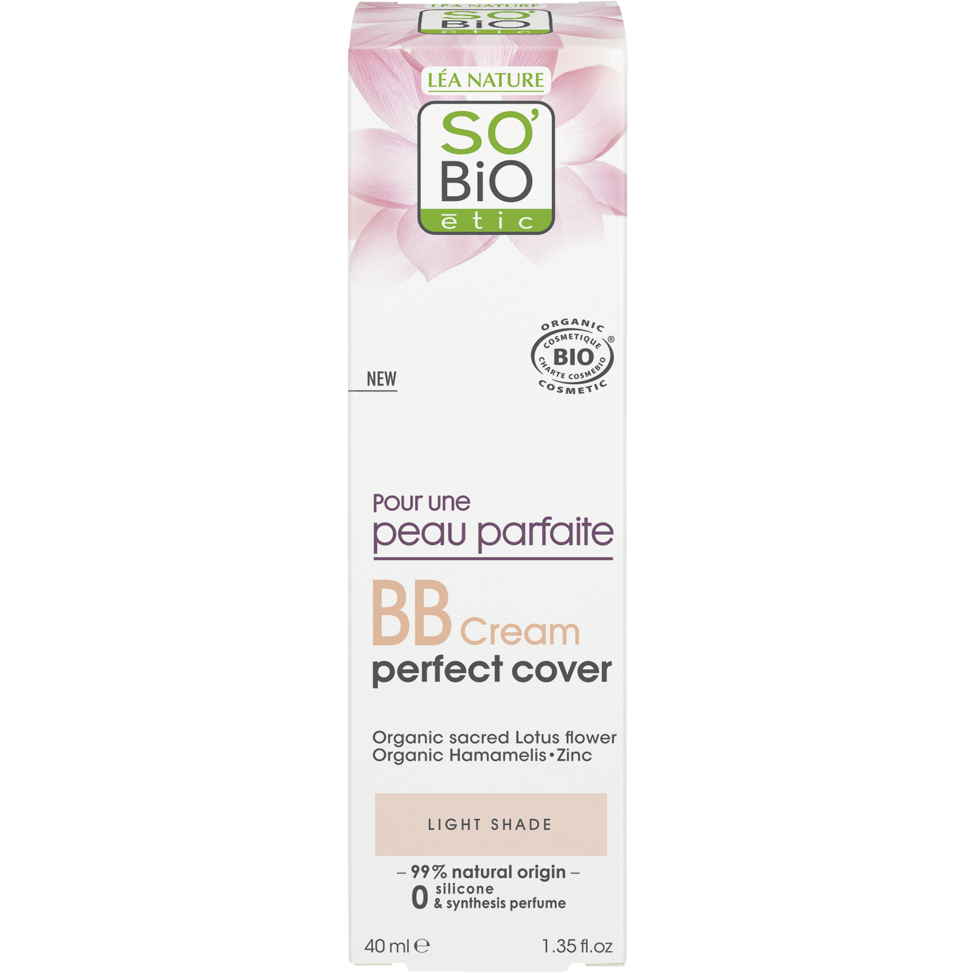 SO’BiO étic BB krém pro dokonalou pleť - odstín Light BIO (40 ml) - s extraktem z květu lotosu