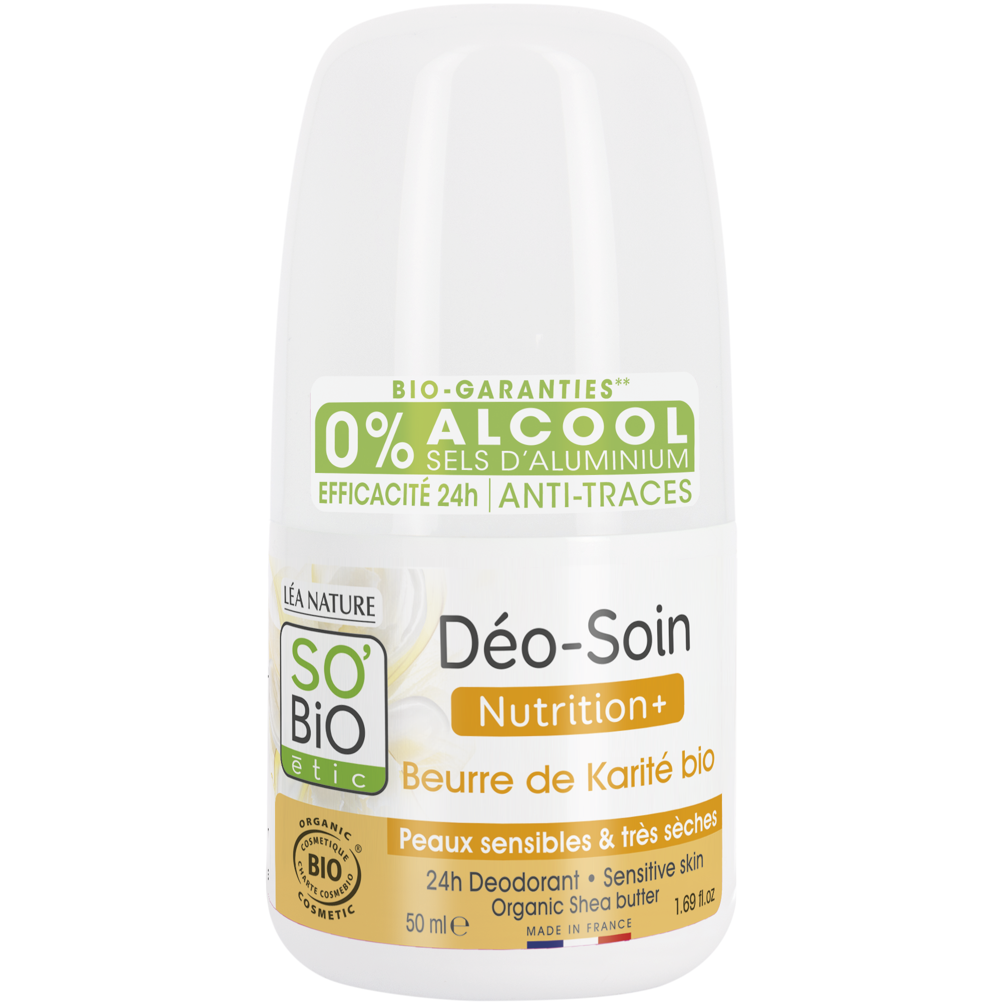SO’BiO étic Deodorant roll-on 24h Nutrition+ s karité BIO (50 ml) - účinný až 24 hodin