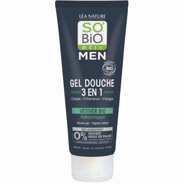 SO’BiO étic Gel sprchový MEN 3v1 - osvěžující vetiver BIO (200 ml) - na tělo, obličej i vlasy