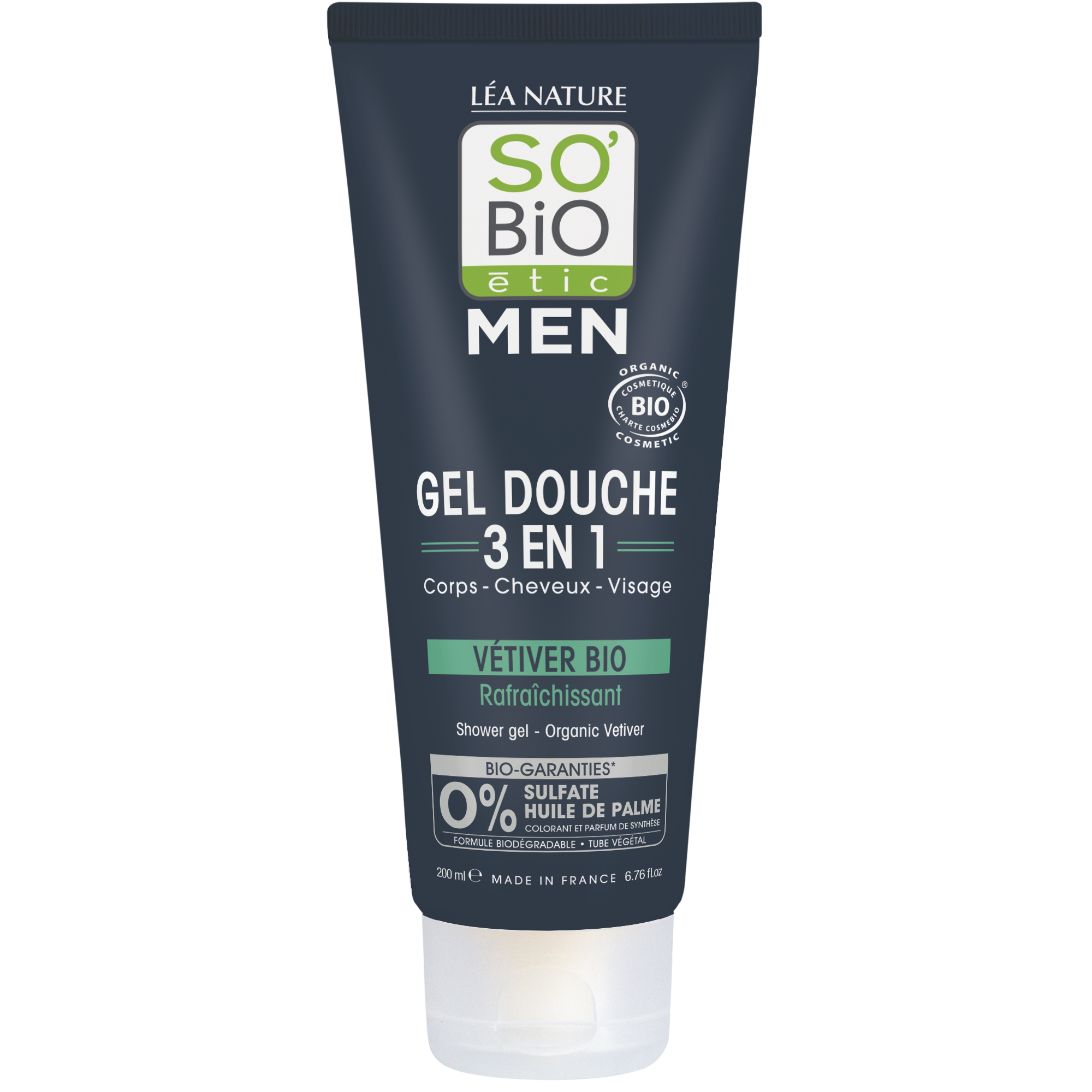 SO’BiO étic Gel sprchový MEN 3v1 - osvěžující vetiver BIO (200 ml) - na tělo, obličej i vlasy