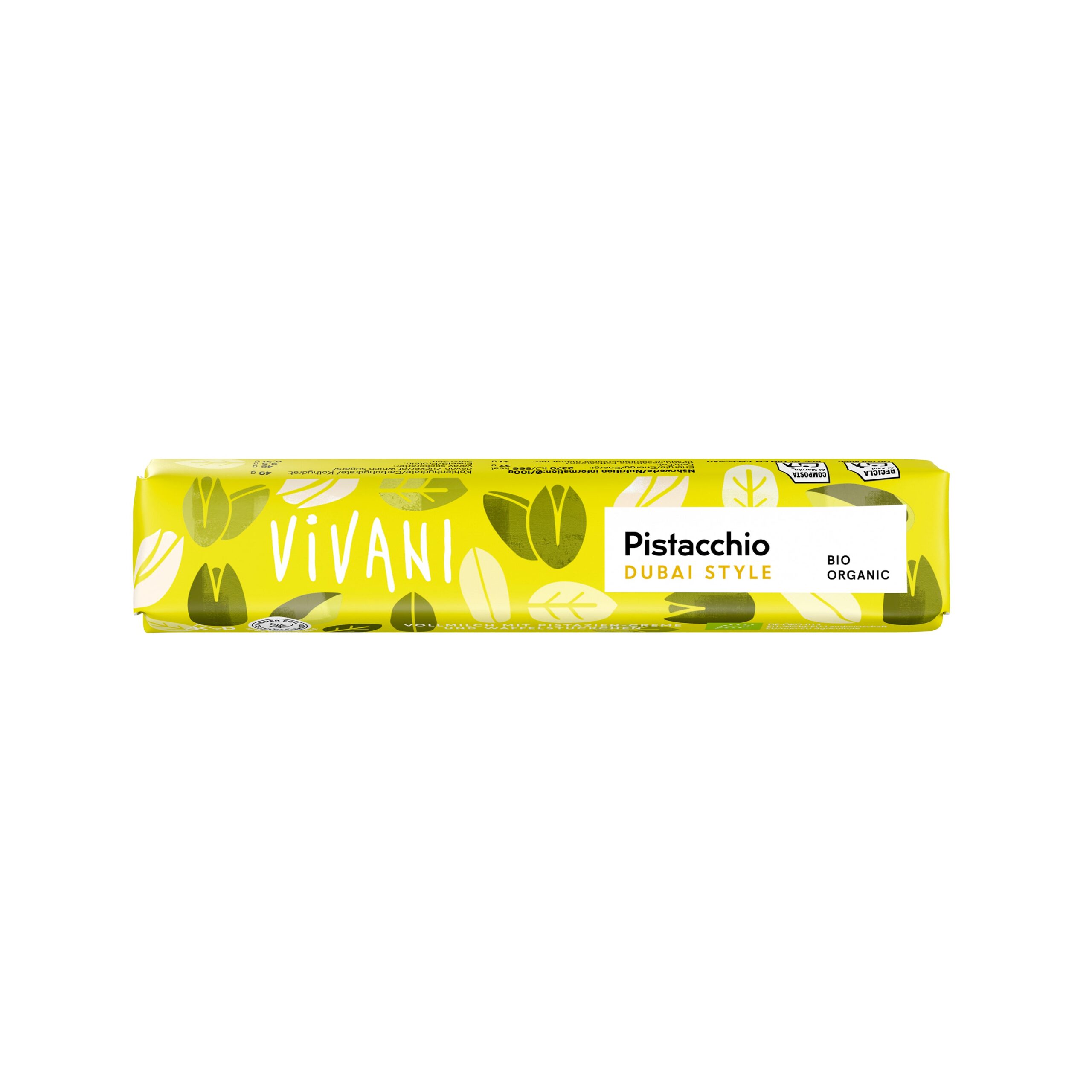 Tyčinka mléčná čokoláda Pistacchio Dubai style 40 g BIO   VIVANI