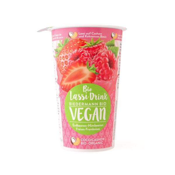 Nápoj lassi s jahodovo-malinovým pyré vegan 230 ml BIO   BIEDERMANN