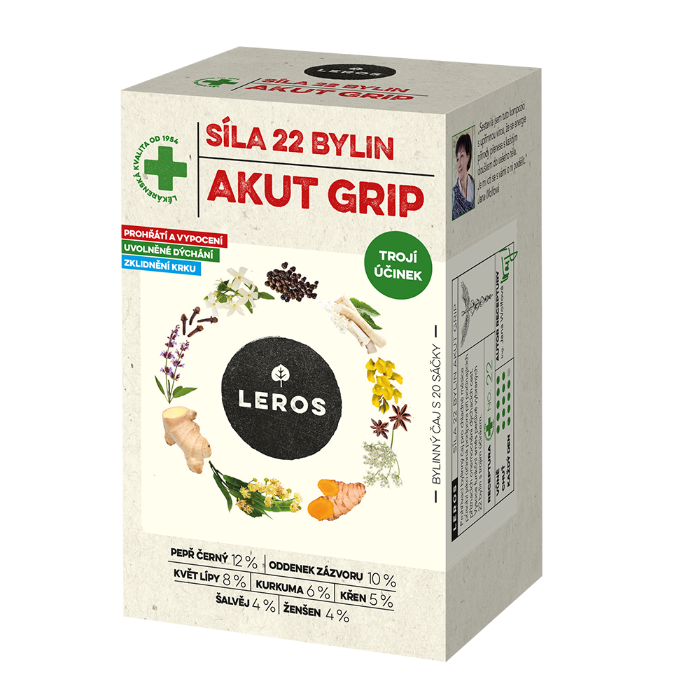 LEROS Bylinný čaj Síla 22 bylin AKUT GRIP - nálev. sáčky (20 x 2,5 g) - trojí účinek - prohřeje, uvolní dýchání a krk