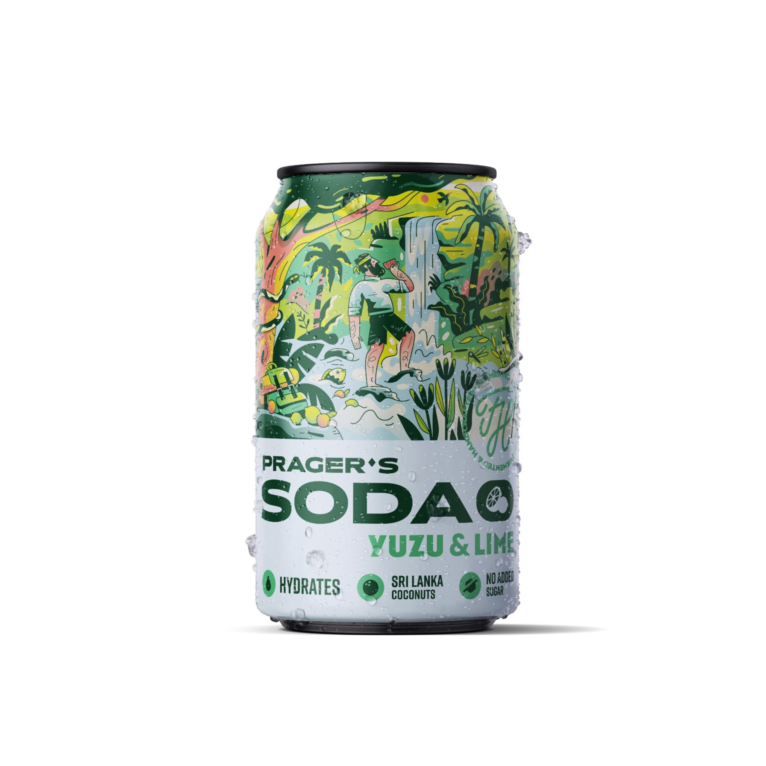 PRAGER'S Soda Yuzu a limeta plech (330 ml) - fermentovaná kokosová voda s příchutí