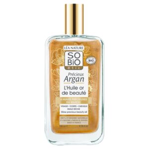 SO’BiO étic Précieux Argan Pěstící olej na tělo, tvář i vlasy BIO - zlatý (100 ml) - se zlatavým třpytivým efektem