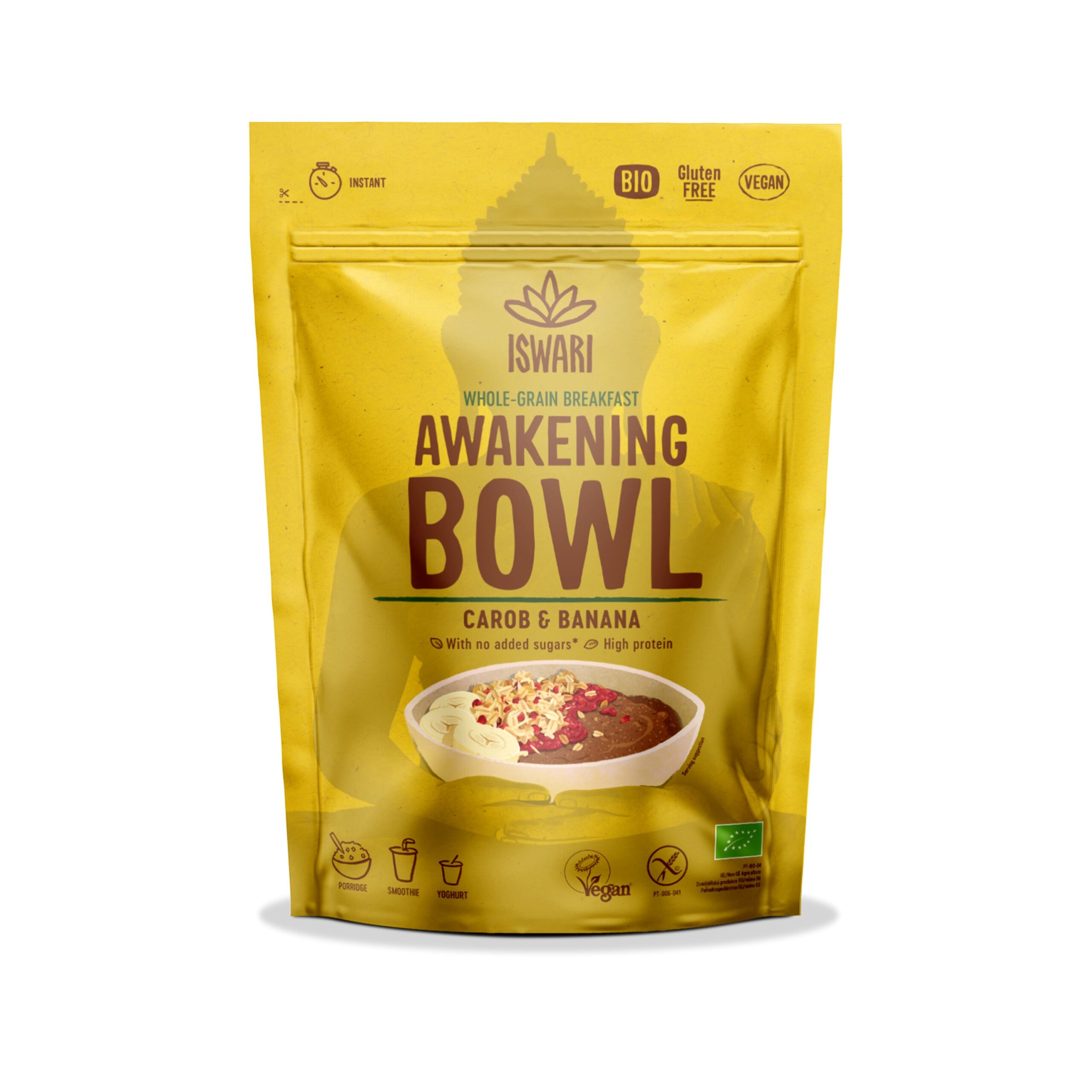 ISWARI Směs instantní Awakening Bowl - banán a karob BIO (360 g) - bez přidaného cukru