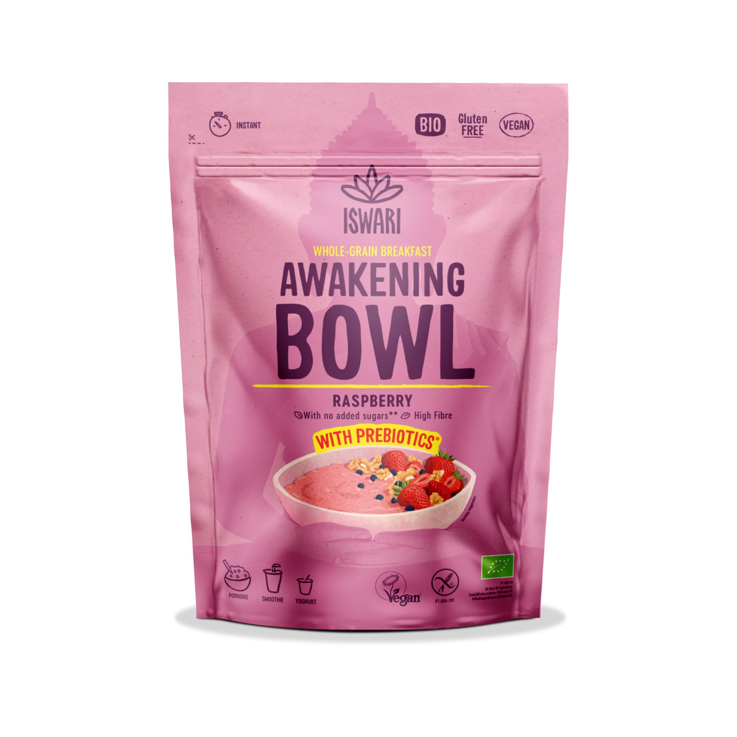 ISWARI Směs instantní Awakening Bowl - malina BIO (360 g) - s prebiotiky