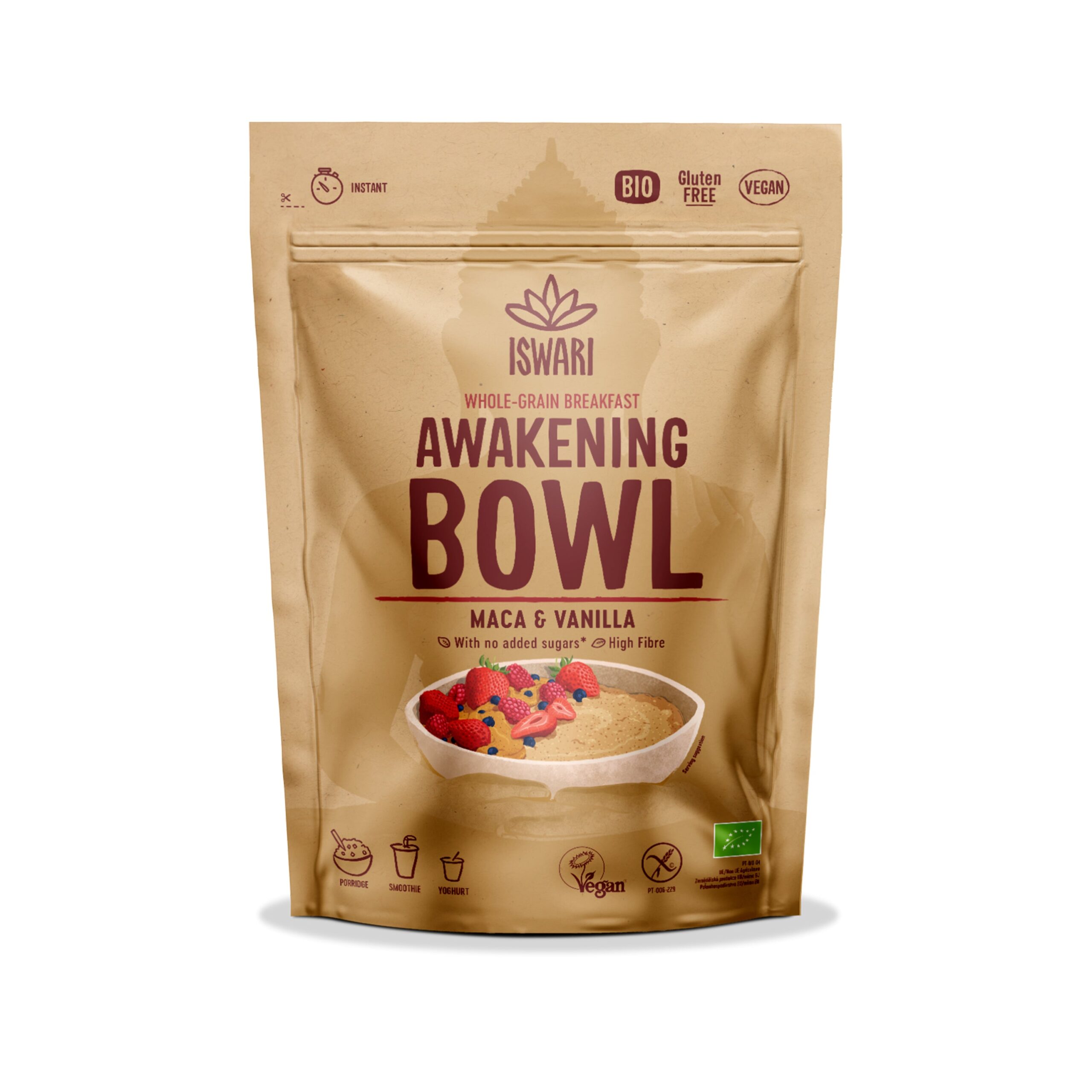 ISWARI Směs instantní Awakening Bowl s maca a příchuťí vanilky BIO (360 g) - obsahuje 7 % prášku z macy