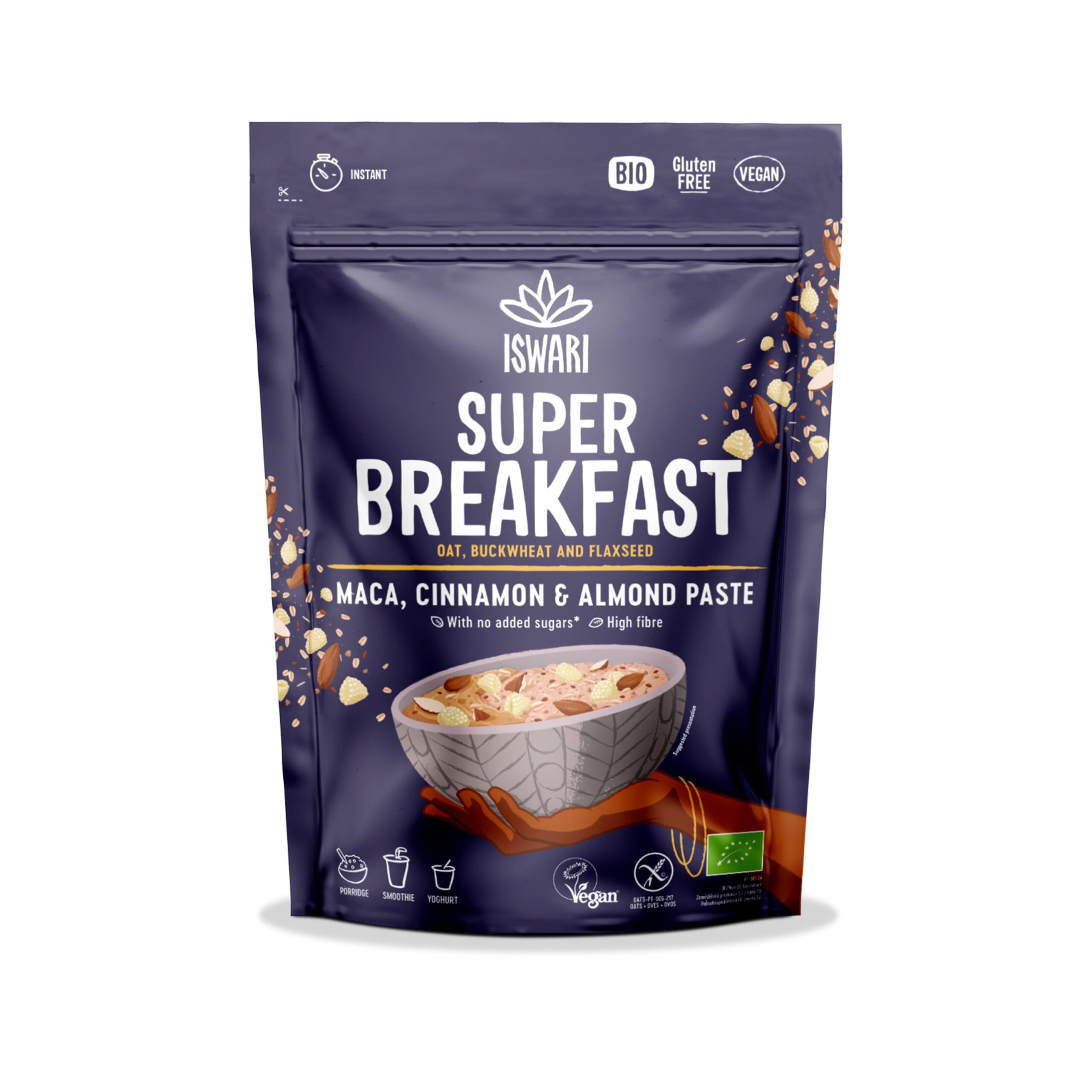 ISWARI Směs instantní Super Breakfast - maca, skořice a mandlová pasta BIO (360 g) - bez lepku a přidaného cukru